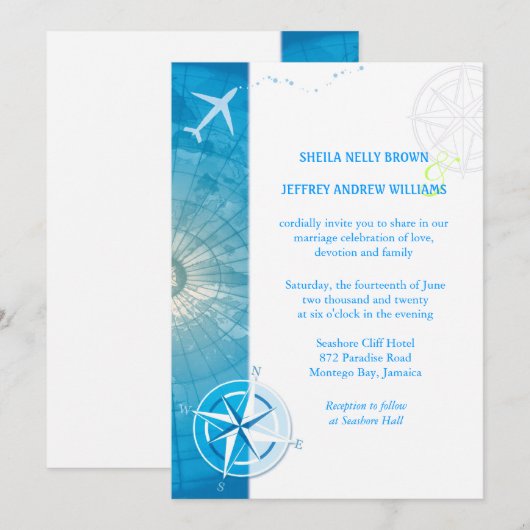 Bon Voyage Blue Destination Wedding Kaart (Voorkant / Achterkant)