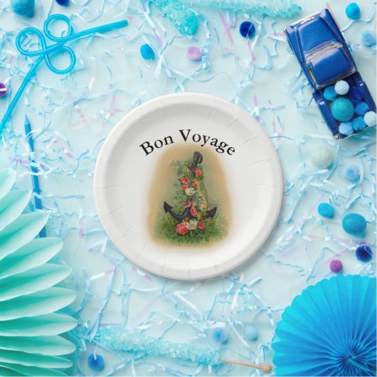 Bon Voyage met Anchor en Flowers Papieren Bordje (Feest)