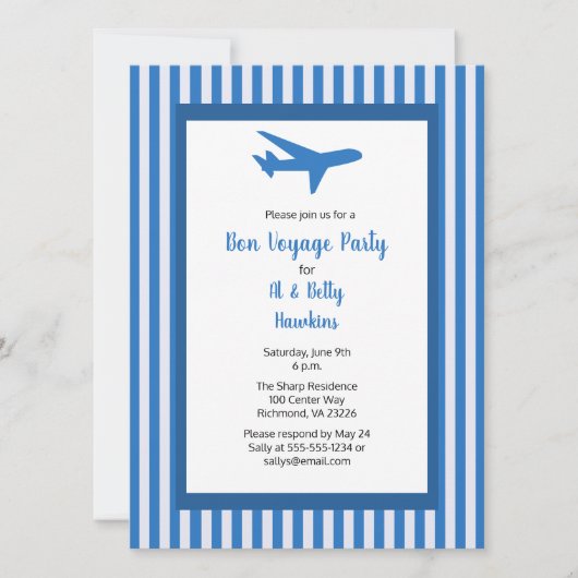 Bon Voyage Party Airplane Couple Blue Stripes Kaart (Voorkant)