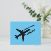 Bon Voyage Plane op Blue Custom Name Briefkaart (Staand voorkant)