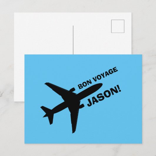 Bon Voyage Plane op Blue Custom Name Briefkaart (Voorkant / Achterkant)