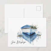 Bon Voyage Rowboat Blauwe Bloemen Briefkaart (Voorkant / Achterkant)