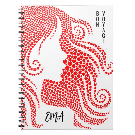 Bon Voyage Vrouw Silhouet in Red Hearts Monogram Notitieboek (Voorkant)