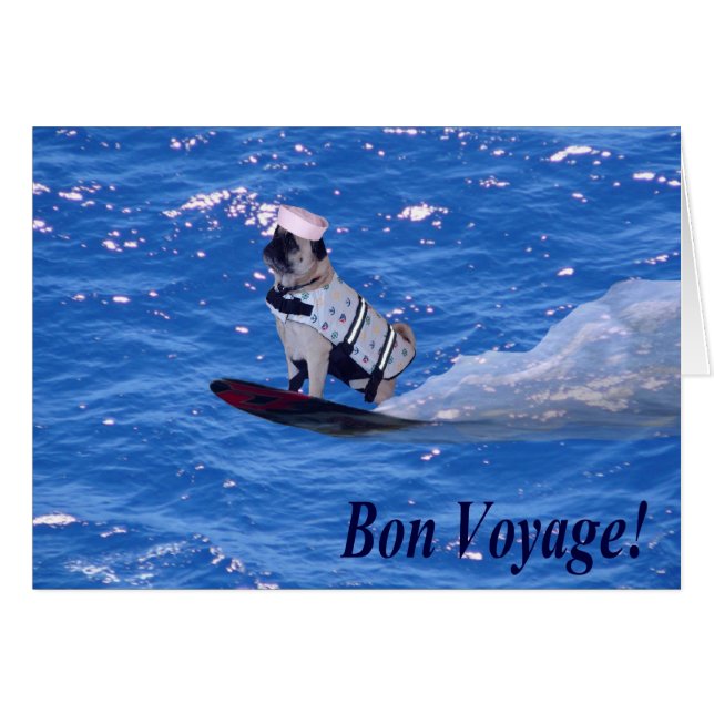 Bon Voyage Water Skiing Pug Dog Card (Voorkant Horizontaal)