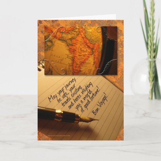 Bon Voyage Wereldbol en Caligraphy Pen met Letter Kaart (Voorkant)