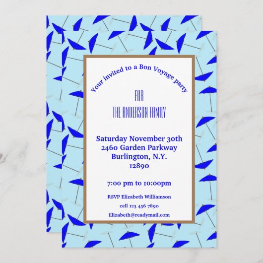 Bon voyparty met blauw paraplupatroon kaart (Voorkant / Achterkant)