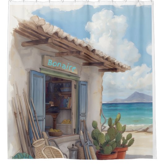 Bonaire vis hut douchegordijn (Voorkant)