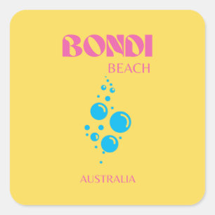 Bondi Beach, Travel Art, Preppy, Geel, Roze Vierkante Sticker
