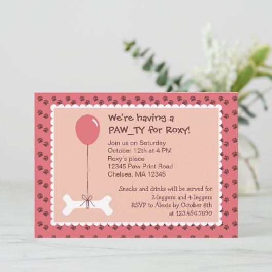 Bone and Balloon Dog Birthday Girl Party Invitatio Kaart (Staand voorkant)