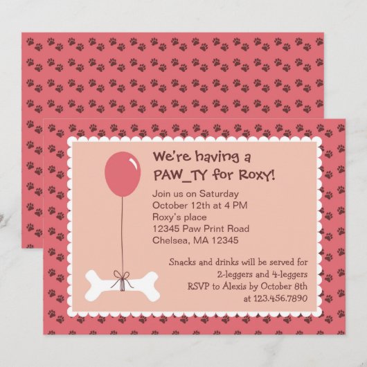 Bone and Balloon Dog Birthday Girl Party Invitatio Kaart (Voorkant / Achterkant)