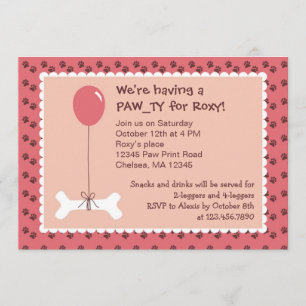 Bone and Balloon Dog Birthday Girl Party Invitatio Kaart