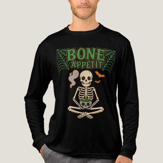 Bone Appétit Halloween Skelet met Ketel Tri-Blend Shirt (Voorkant volledig)