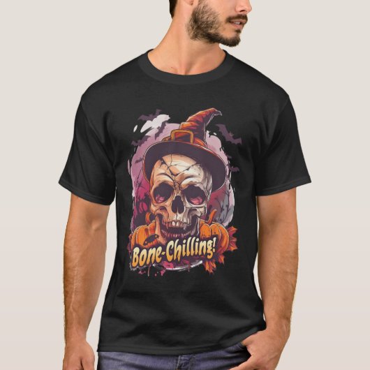 Bone-Chilling Skull & Pumpkin Halloween T-shirt (Voorkant)