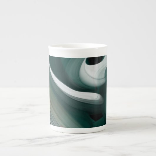 Bone China Mok Abstract Art Zwart Wit Groen (Voorkant)