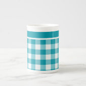 Bone China Mok, Blauwgroen en White Check Gingham Porselein Kop (Voorkant)