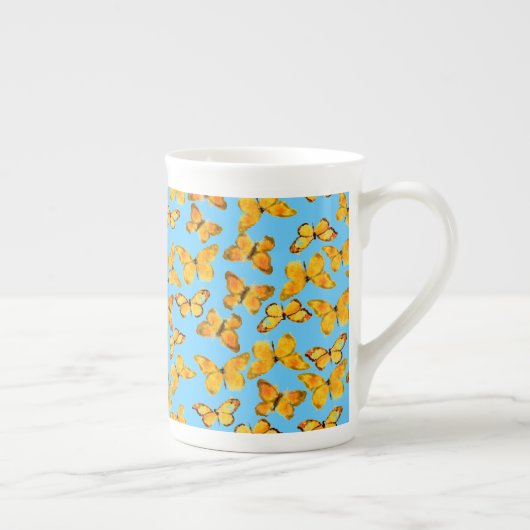 Bone China Mok, Golden Butterflies op Sky Blue Porselein Kop (Rechts)