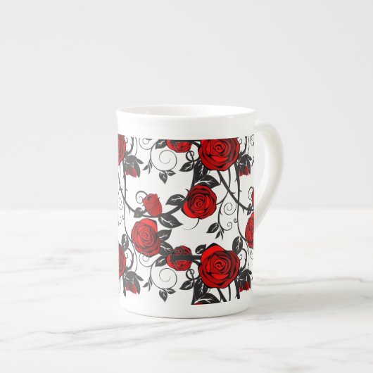 Bone China Mok-Red Rose Vine Porselein Kop (Voorkant rechts)