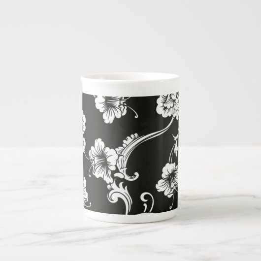 Bone China Mok-Zwart & Wit Bloemen Porselein Kop (Voorkant)