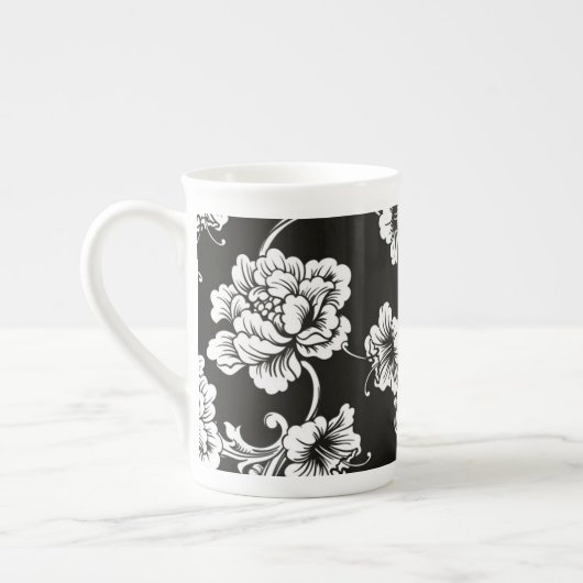 Bone China Mok-Zwart & Wit Bloemen Porselein Kop (Links)