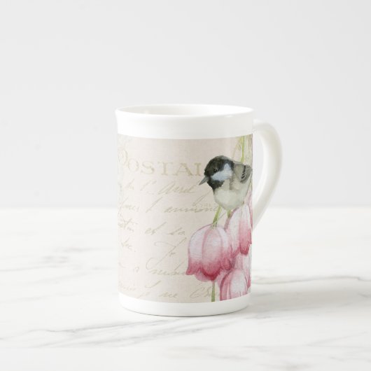 Bone China  Waterverf Bird met Flowers Porselein Kop (Voorkant rechts)