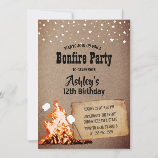 Bonfire Birthday Party Rustic Kraft Kaart (Voorkant)