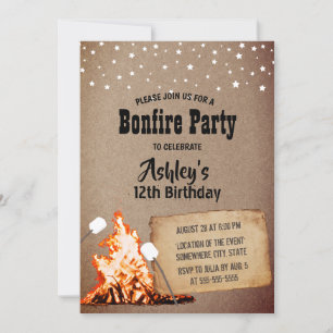 Bonfire Birthday Party Rustic Kraft Kaart