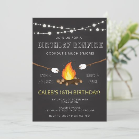 Bonfire Party Invitation, Birthday, Camp out Kaart (Staand voorkant)