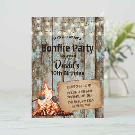 Bonfire Party Rustic String Light Barn Birthday Kaart (Staand voorkant)