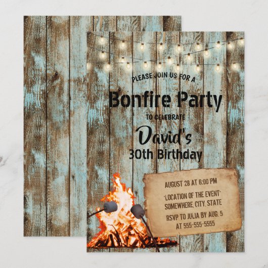 Bonfire Party Rustic String Light Barn Birthday Kaart (Voorkant / Achterkant)
