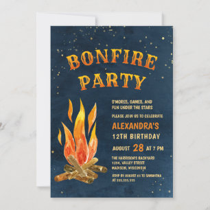 Bonfire Party Waterverf Blue Oranje Birthday Kaart
