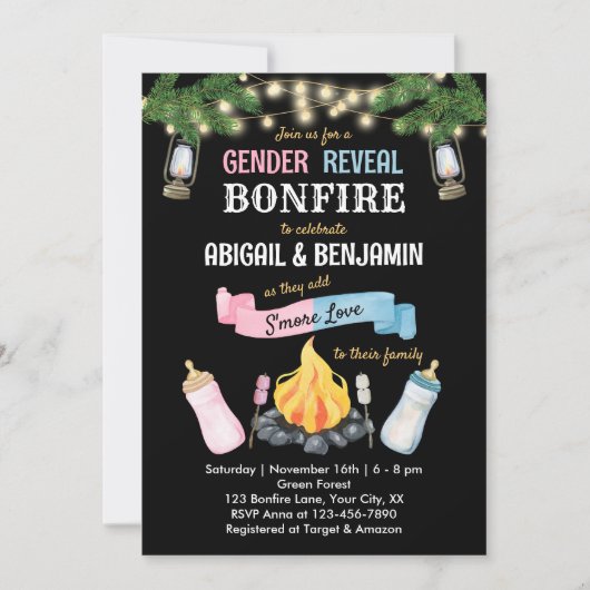 Bonfire S'more Baby Gender Reveal Uitnodiging Coed (Voorkant)