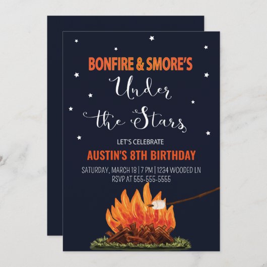 Bonfire & Smore's Birthday Invitation Kaart (Voorkant / Achterkant)