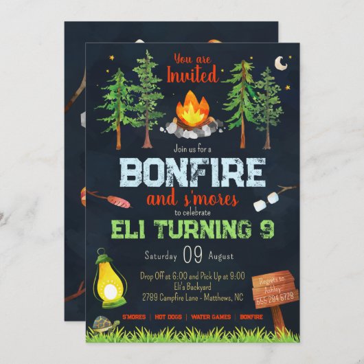 Bonfire Uitnodiging voor verjaardagsfeestje - Camp (Voorkant / Achterkant)