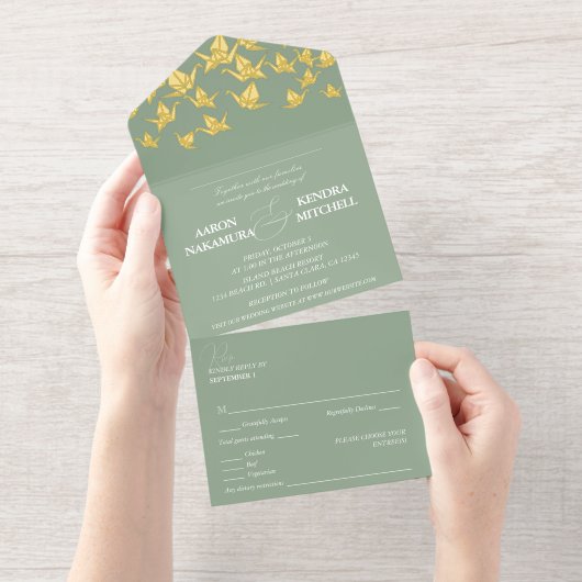 Bonita grúa de papel verde la boda all in one uitnodiging (Uittrekbaar)