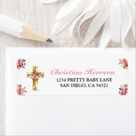 Bonito Rosa Floral Oro Cruz Bautismo Etiket