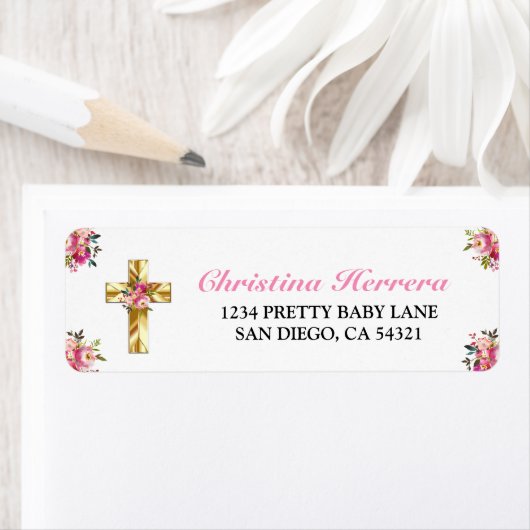 Bonito Rosa Floral Oro Cruz Bautismo Etiket (Insitu)
