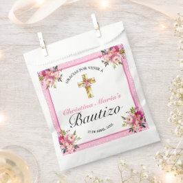 Bonito Rosa Floral Oro Cruz Bautismo Gracias Bedankzakje