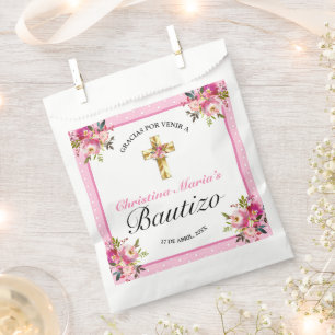Bonito Rosa Floral Oro Cruz Bautismo Gracias Bedankzakje