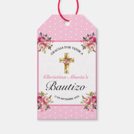 Bonito Rosa Floral Oro Cruz Bautismo Gracias Cadeaulabel