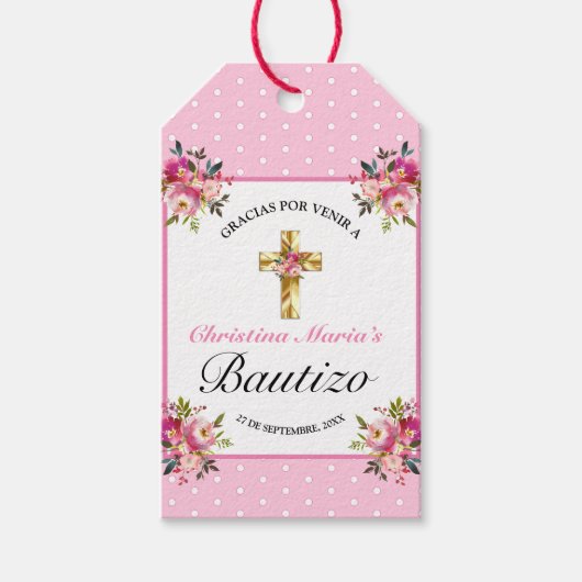 Bonito Rosa Floral Oro Cruz Bautismo Gracias Cadeaulabel (Voorkant)