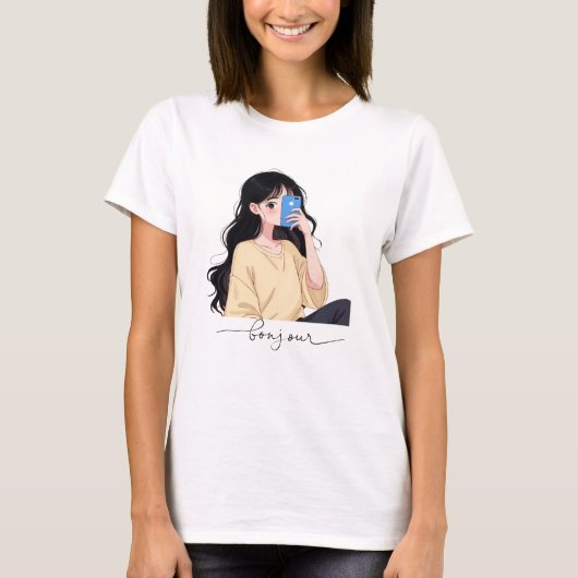 Bonjour Aesthetic Girl Selfie Illustration T-shirt (Voorkant)