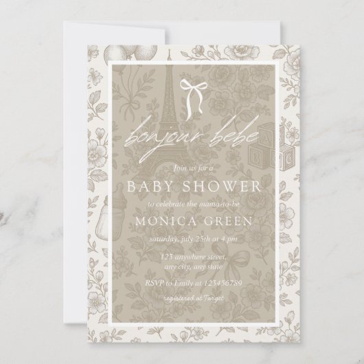 Bonjour Bebe Beige Neutra Toile Frans Baby shower Kaart (Voorkant)