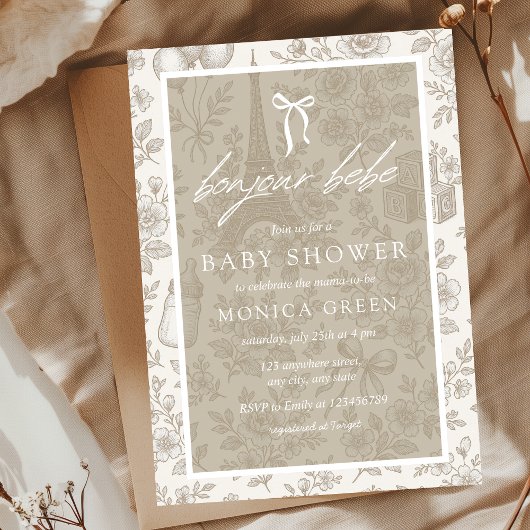 Bonjour Bebe Beige Neutra Toile Frans Baby shower Kaart
