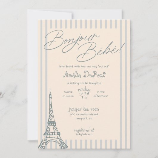 Bonjour Bebe Blue Baby shower Uitnodiging (Voorkant)