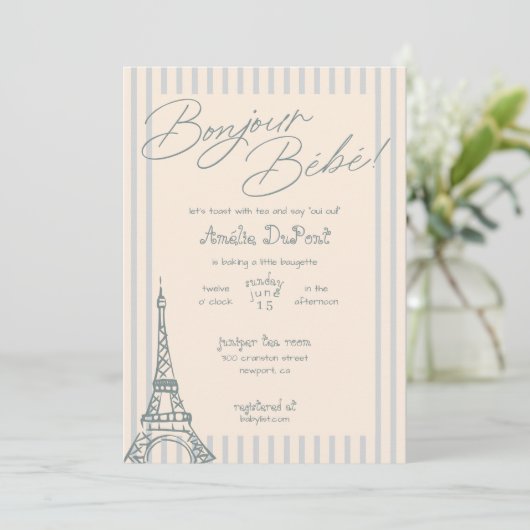 Bonjour Bebe Blue Baby shower Uitnodiging (Staand voorkant)