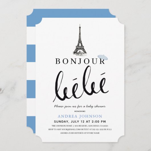 Bonjour Bebe Blue Beret Eiffel Tower Baby shower Kaart (Voorkant / Achterkant)