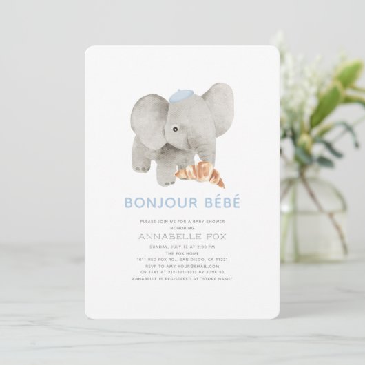 Bonjour Bébé Blue Beret Elephant Baby shower Kaart (Staand voorkant)