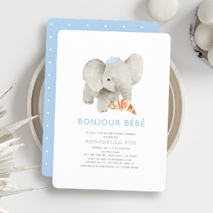 Bonjour Bébé Blue Beret Elephant Baby shower Kaart