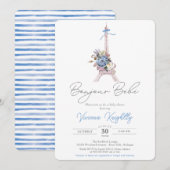 Bonjour Bebe, Blue Floral Eiffel Paris Baby shower Kaart (Voorkant / Achterkant)