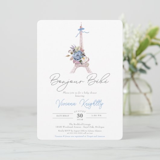 Bonjour Bebe, Blue Floral Eiffel Paris Baby shower Kaart (Staand voorkant)